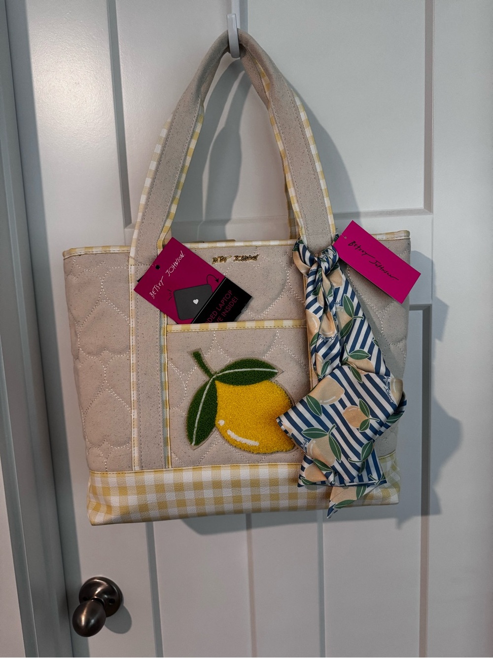 Betsey Johnson Cream Tote with Yellow Lemon Appliqué and Blue-Striped Scarf